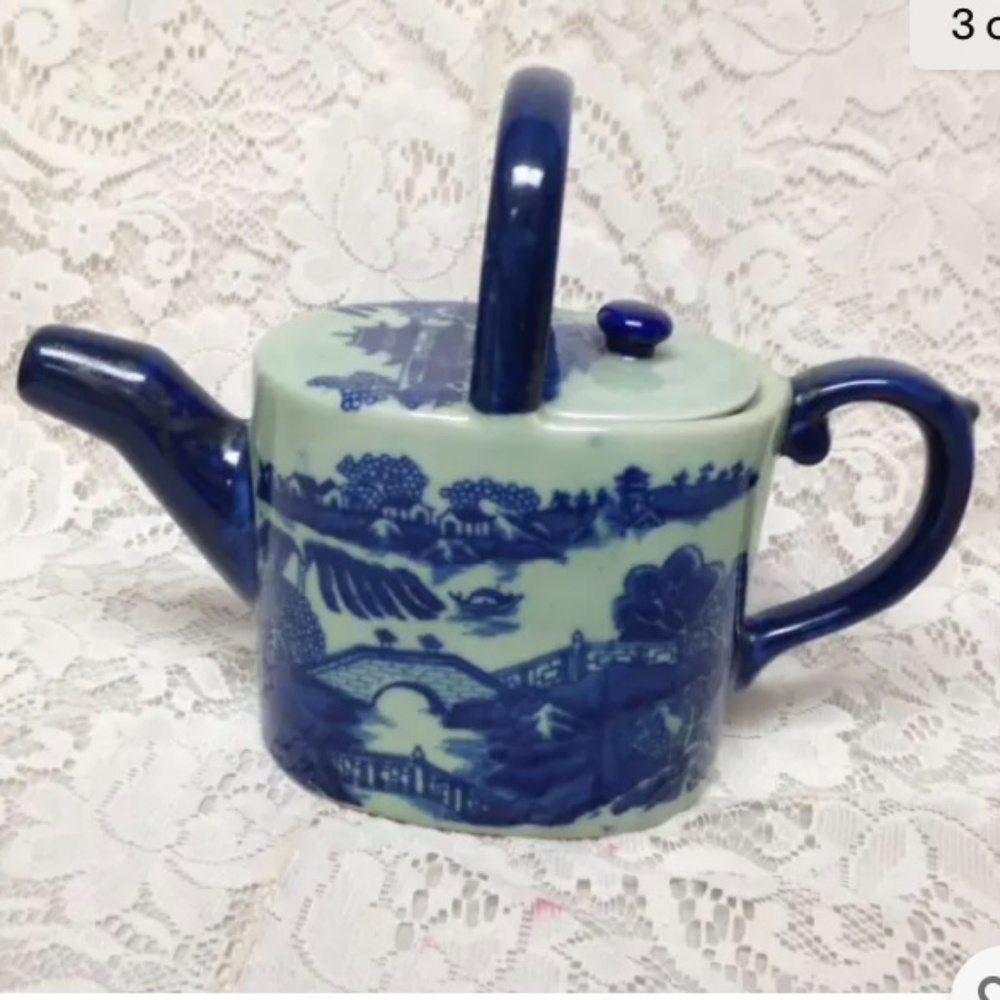 Celadon Glazed, Oval Shape, Variant Blue Willow Teapot